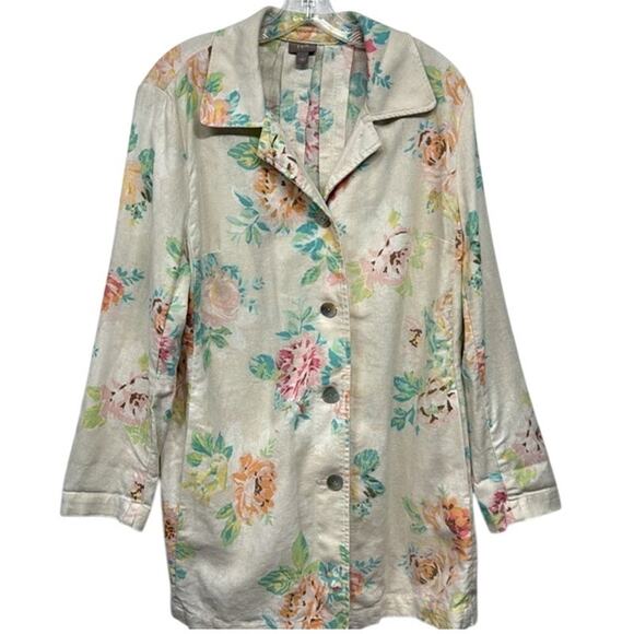 Women's J. Jill Cream Floral Pastel Linen Cotton Blend Button Up Blazer Large - Picture 1 of 11